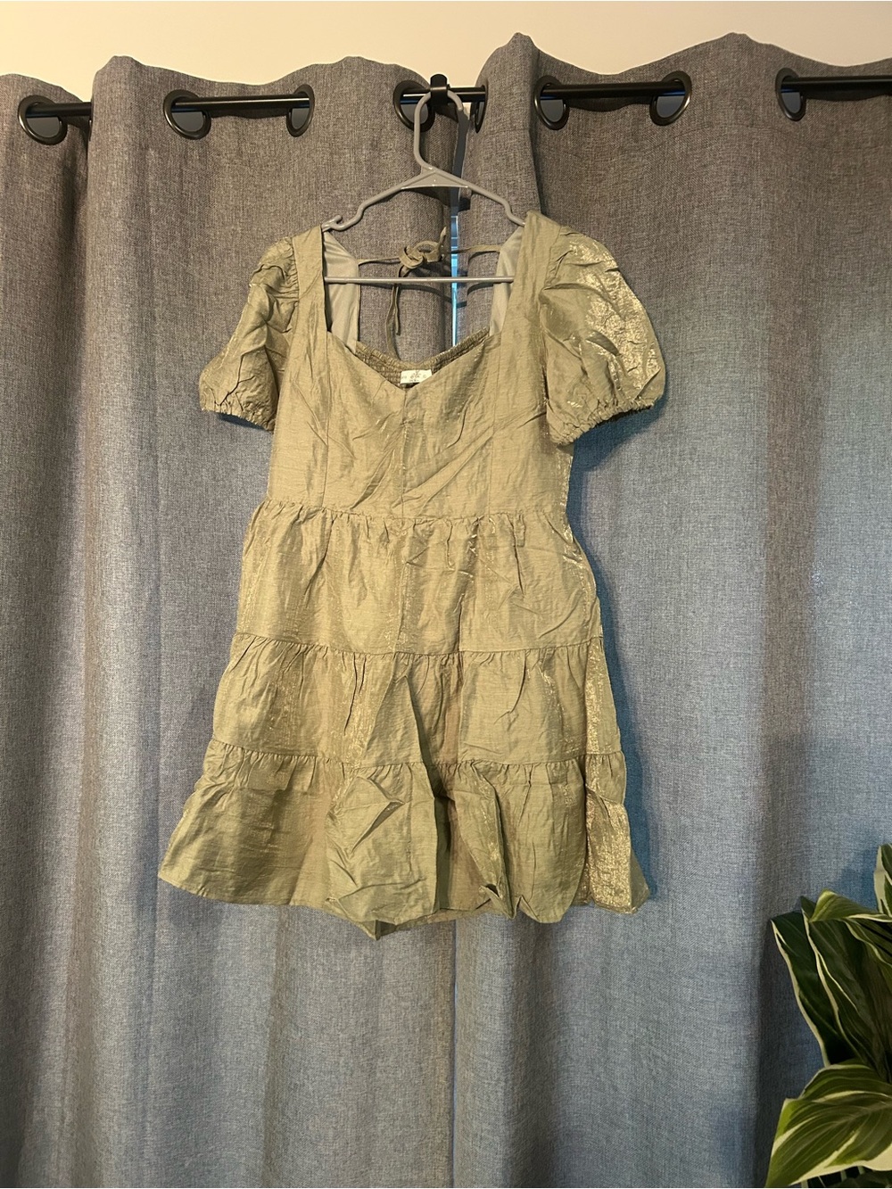 Altar'd State Olive Tiered Puff-Sleeve Mini Dress. Unworn